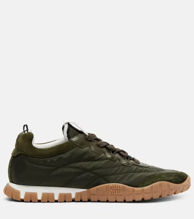 Miu Miu Tyre Technical Fabric And Suede Sneakers In Green