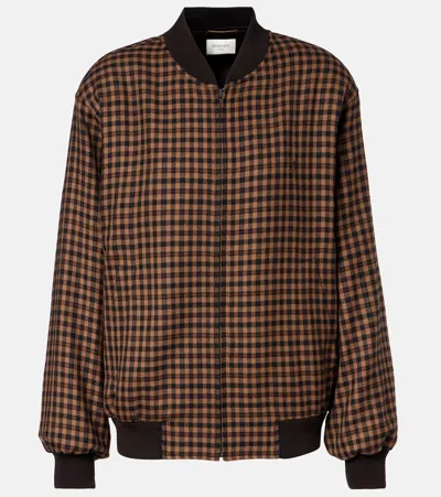 Saint Laurent Cassandre Bomber Jacket In Wool Check In Brown