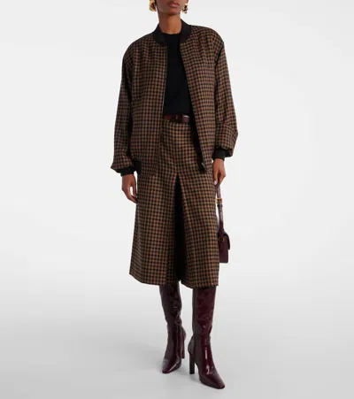 Saint Laurent Cassandre Bomber Jacket In Wool Check In Brown