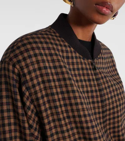 Saint Laurent Cassandre Bomber Jacket In Wool Check In Brown