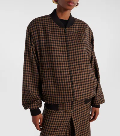 Saint Laurent Cassandre Bomber Jacket In Wool Check In Brown