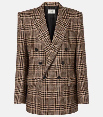 Saint Laurent Brown Double-breasted Jacket With Notched Revers And All-over Check Motif In Wool Woman