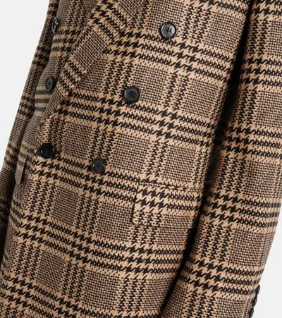 Saint Laurent Brown Double-breasted Jacket With Notched Revers And All-over Check Motif In Wool Woman