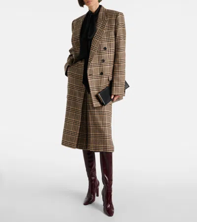 Saint Laurent Brown Double-breasted Jacket With Notched Revers And All-over Check Motif In Wool Woman