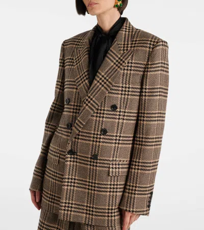Saint Laurent Brown Double-breasted Jacket With Notched Revers And All-over Check Motif In Wool Woman