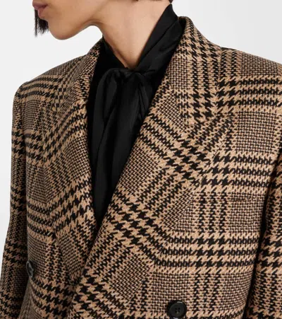 Saint Laurent Brown Double-breasted Jacket With Notched Revers And All-over Check Motif In Wool Woman