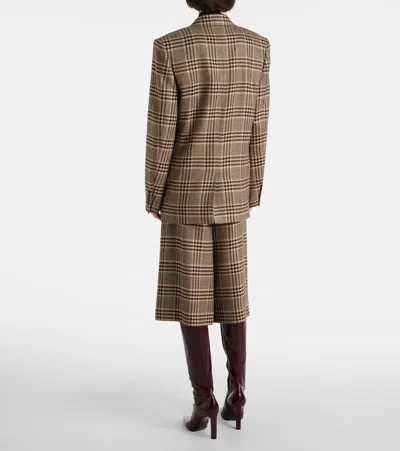 Saint Laurent Brown Double-breasted Jacket With Notched Revers And All-over Check Motif In Wool Woman