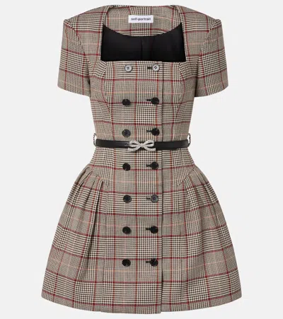 Self-portrait Brown Check Short Sleeve Mini Dress In Neutral