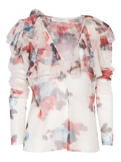 Philosophy Di Lorenzo Serafini White Blouse With Abstract Pattern And Ruffle Design In Multi