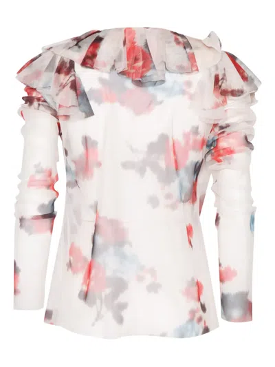 Philosophy Di Lorenzo Serafini White Blouse With Abstract Pattern And Ruffle Design In Multi