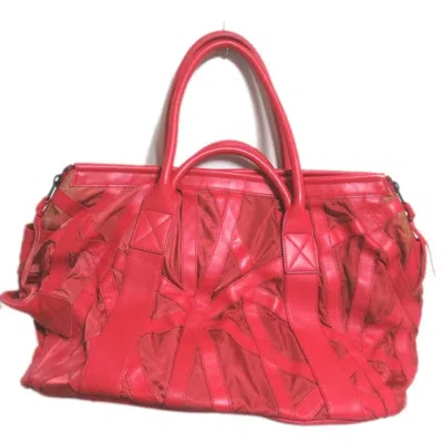 Pre-owned Issey Miyake Red Color Leather Nylon Boston Bag Tote Bag ()