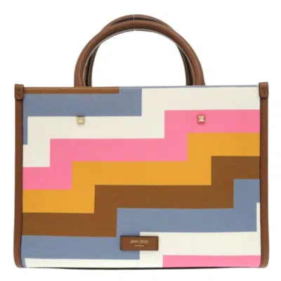 Pre-owned Jimmy Choo Blue Brown Multi-color Pink Leather Canvas Tote Bag ()