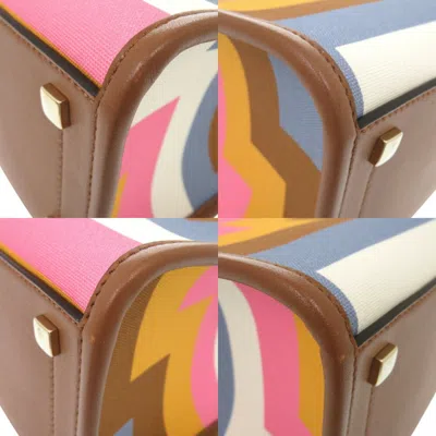 Pre-owned Jimmy Choo Blue Brown Multi-color Pink Leather Canvas Tote Bag ()