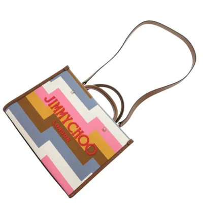 Pre-owned Jimmy Choo Blue Brown Multi-color Pink Leather Canvas Tote Bag ()