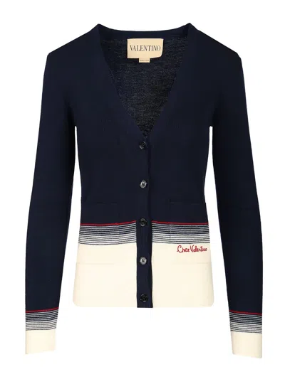 Valentino V-neck Cardigan With Contrast Hem In Blue