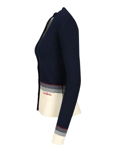 Valentino V-neck Cardigan With Contrast Hem In Blue