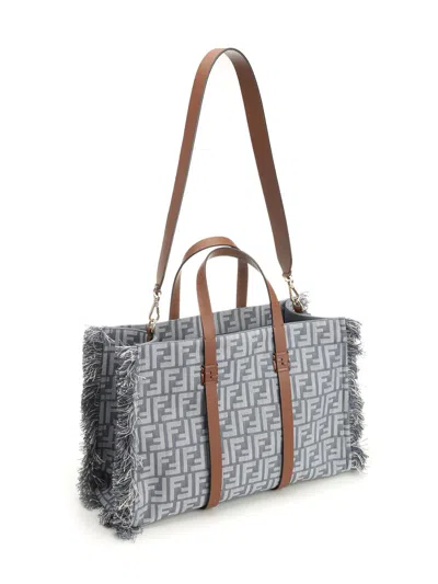 Fendi City Tote In Canvas All Over Ff With Fringes Shoulder Bags Blue