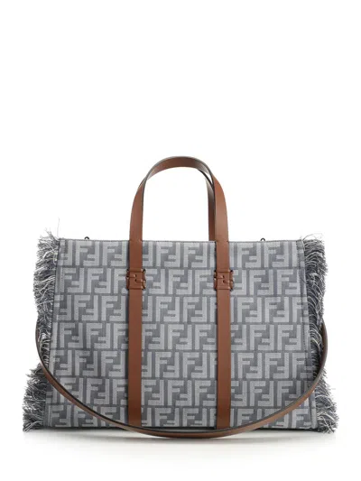 Fendi City Tote In Canvas All Over Ff With Fringes Shoulder Bags Blue