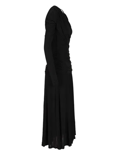 Ganni Interlock Jersey Crossover Ruched Long Dress Dresses Black In Black