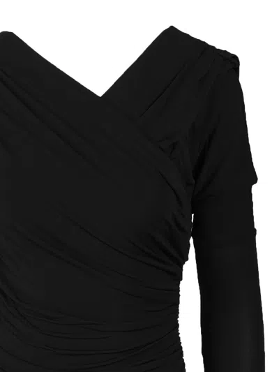 Ganni Interlock Jersey Crossover Ruched Long Dress Dresses Black In Black