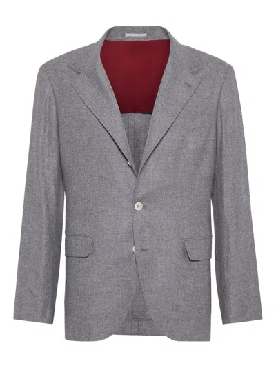 Brunello Cucinelli Grey Melange Wool And Silk Blend Blazer In Gray