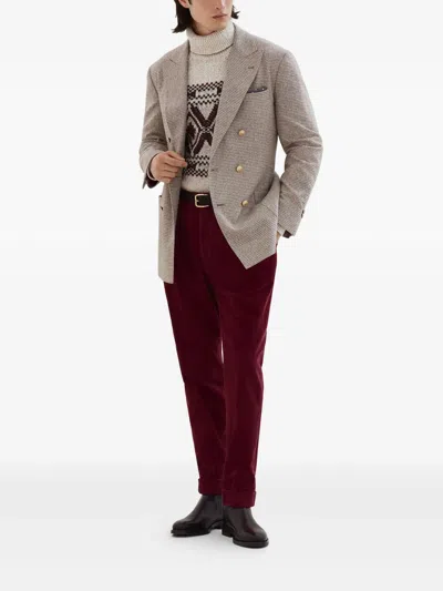 Brunello Cucinelli Beige Wool And Silk Double-breasted Blazer In Brown
