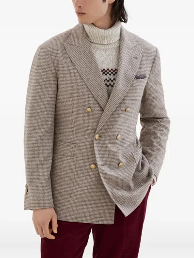 Brunello Cucinelli Beige Wool And Silk Double-breasted Blazer In Brown