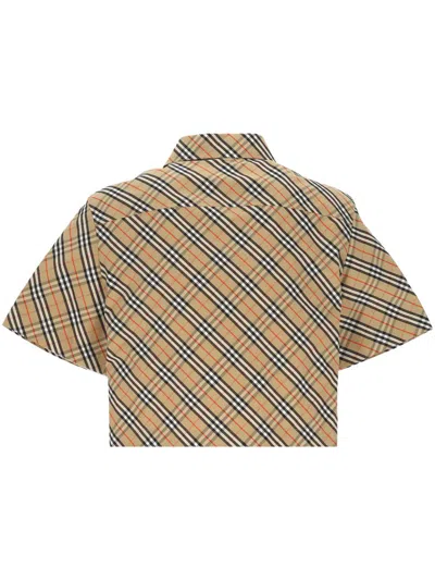 Burberry Beige Crop Shirt With All-over Check Motif In Cotton Woman In Brown