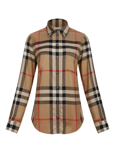 Burberry Check Pattern Collared Neck Cuffed Long Sleeves In Brown