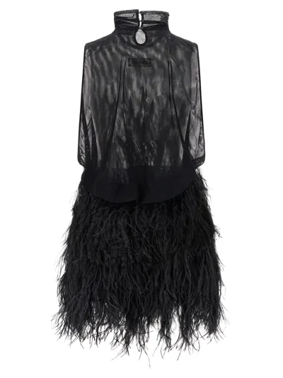 Attico Feathered High Neck Dress With Sheer Overlay In Black