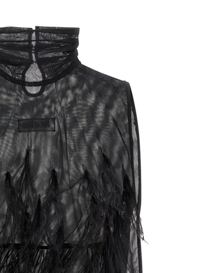 Attico Feathered High Neck Dress With Sheer Overlay In Black