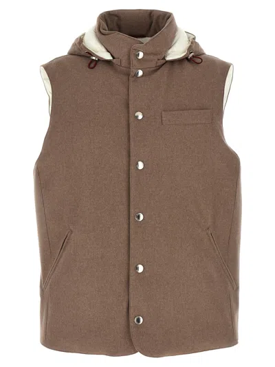 Brunello Cucinelli Sleeveless Down Jacket In Membraned Wool Flannel With Detachable Hood Clothing In Neutral