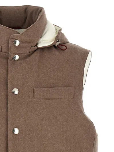Brunello Cucinelli Sleeveless Down Jacket In Membraned Wool Flannel With Detachable Hood Clothing In Neutral