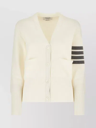 Thom Browne Wool Cardigan With Patch Pockets And Striped Sleeves In Neutral