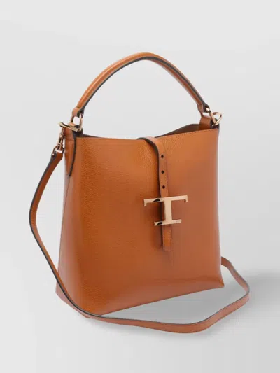 Tod's Brown Textured Leather Bucket Bag With Adjustable Strap And Gold-tone Logo