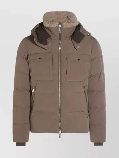 Moorer Pockets Hooded Quilted Ribbed Cuffs In Brown