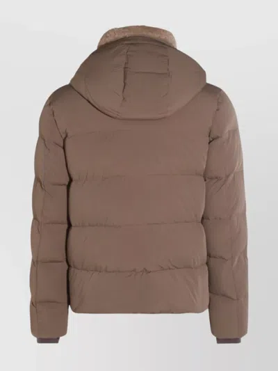 Moorer Pockets Hooded Quilted Ribbed Cuffs In Brown