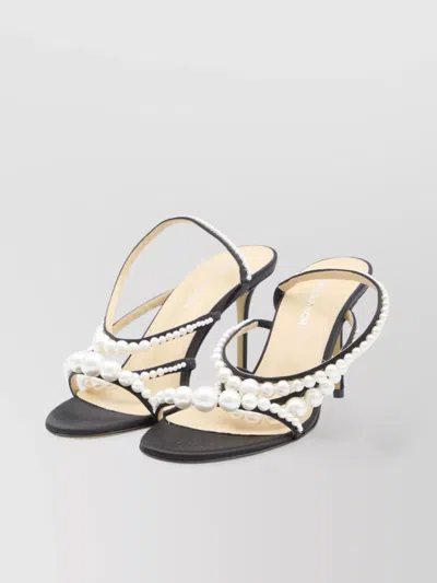 Mach&mach Sirene Pearly Stud Satin Strappy Sandals In Black