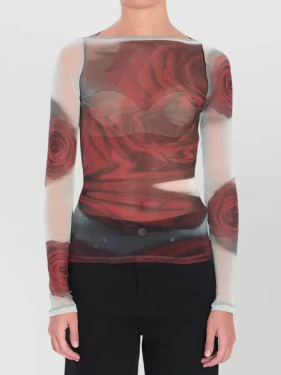 Jean Paul Gaultier Rose Mesh Floral Top In Brown