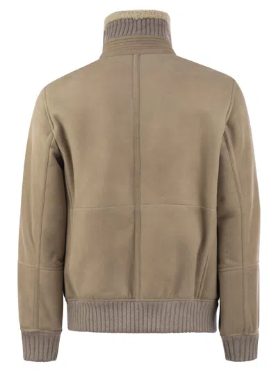 Brunello Cucinelli Beige Suede Curly Shearling Bomber Jacket In Neutral