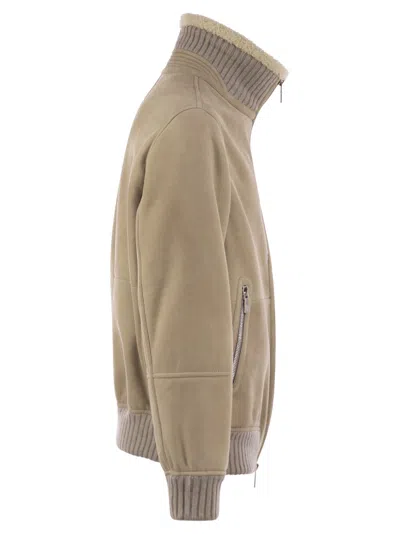 Brunello Cucinelli Beige Suede Curly Shearling Bomber Jacket In Neutral