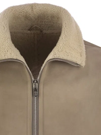 Brunello Cucinelli Beige Suede Curly Shearling Bomber Jacket In Neutral