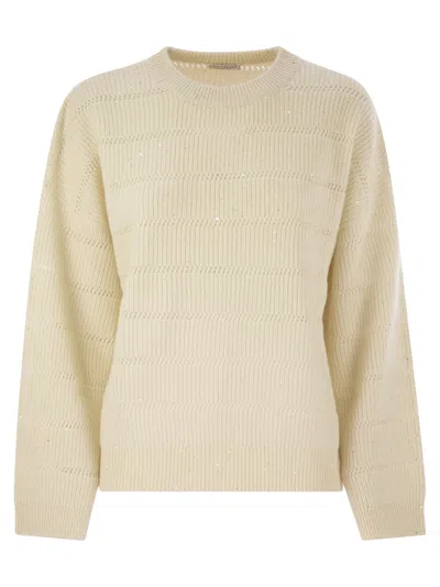 Brunello Cucinelli Ivory Diamond Cashmere And Wool Sweater In Neutral