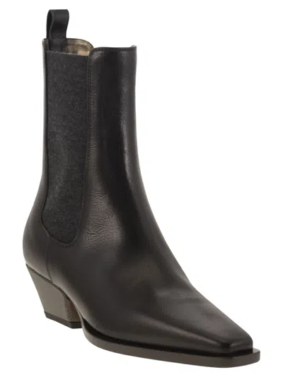 Brunello Cucinelli Classic Leather Chelsea Boot With Precious Block Heels In Brown