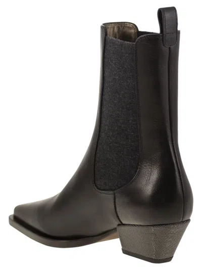 Brunello Cucinelli Classic Leather Chelsea Boot With Precious Block Heels In Brown