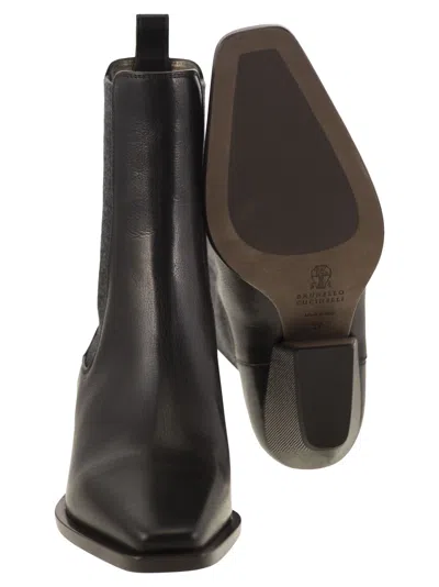 Brunello Cucinelli Classic Leather Chelsea Boot With Precious Block Heels In Brown