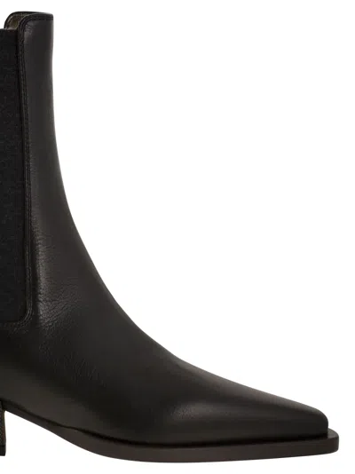 Brunello Cucinelli Classic Leather Chelsea Boot With Precious Block Heels In Brown