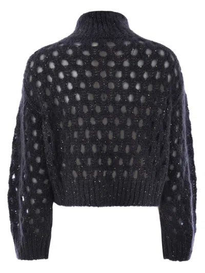 Brunello Cucinelli Dazzling Net Turtleneck Sweater Made Of Mohair And Wool Wispy In Blue