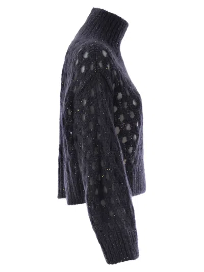 Brunello Cucinelli Dazzling Net Turtleneck Sweater Made Of Mohair And Wool Wispy In Blue