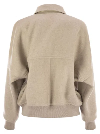 Brunello Cucinelli Women Double Cashmere And Wool Cloth Bomber Jacket With Shiny Zipper Pull In White